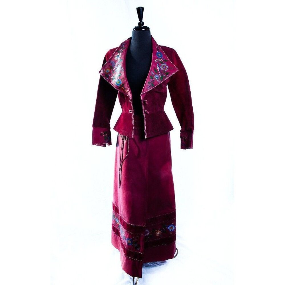 Vtg 1973 CHAR Leather Jacket & Skirt Hand Painted Hand Stitched Mexico Hand Sign